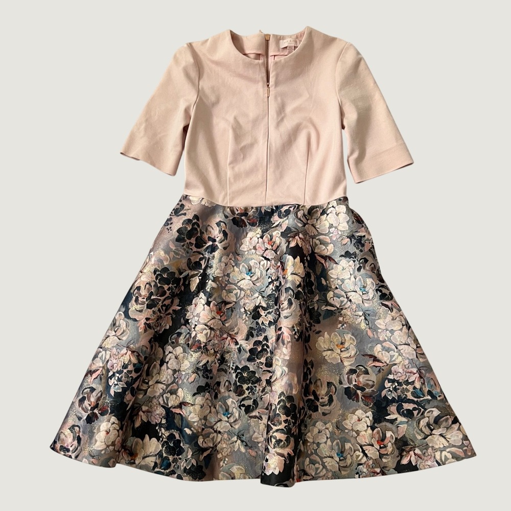 Ted Baker Fit and Flare Dress Pink Floral Brocade Metallic Size 2